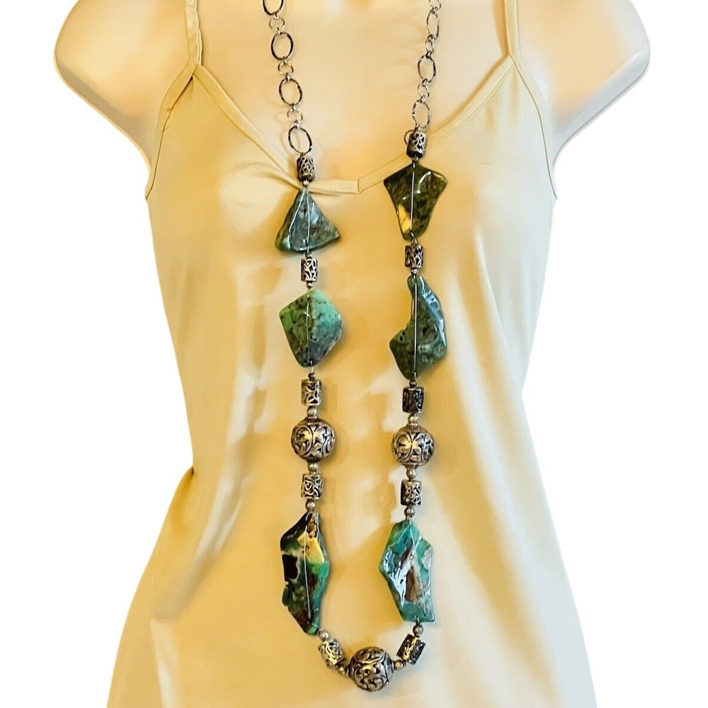 Runway Statement Necklace VTG Chrysoprase Beaded Massive Silver Tribal Long 48"